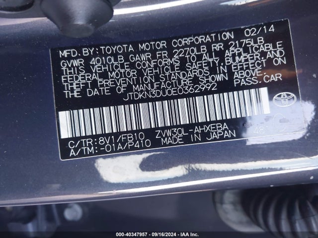 Toyota Prius Two 2014 JTDKN3DU0E0362992 Image 9