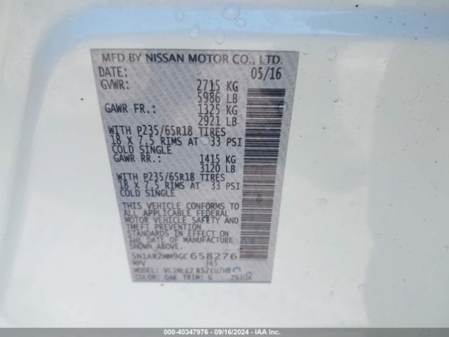 5N1AR2MM9GC658276 Nissan Pathfinder Sv