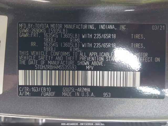 Toyota Highlander Xle 2021 5TDHZRBH4MS535593 Image 9