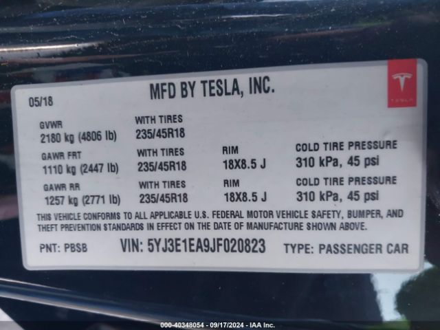 5YJ3E1EA9JF020823 Tesla Model 3 Long Range/mid Range