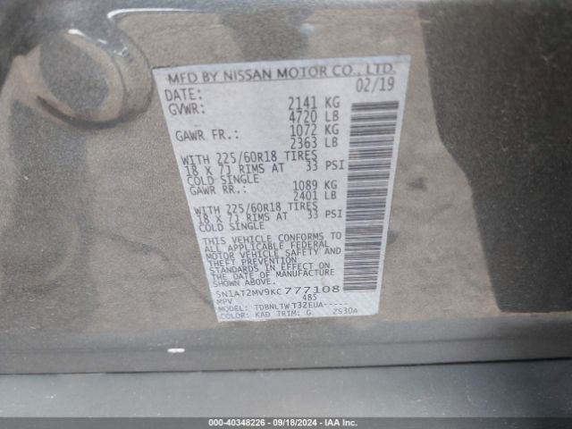 5N1AT2MV9KC777108 Nissan ROGUE SV
