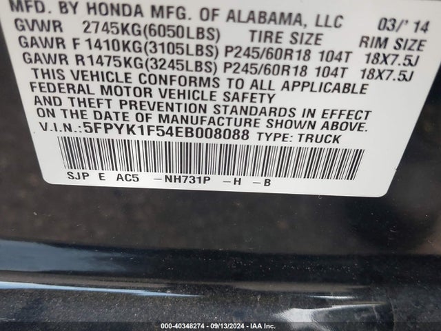Honda Ridgeline Rtl 2014 5FPYK1F54EB008088 Image 9