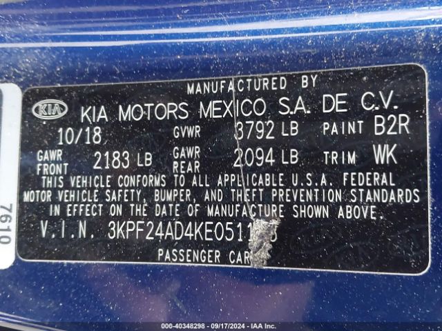 3KPF24AD4KE051153 KIA Forte Lxs