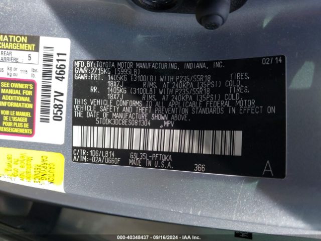5TDDK3DC8ES081304 Toyota Sienna Xle 7 Passenger
