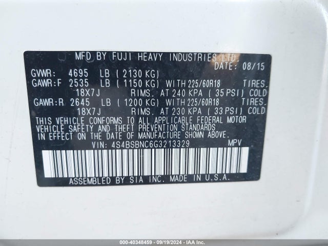 Subaru Outback 2.5i Limited 2016 4S4BSBNC6G3213329 Image 9