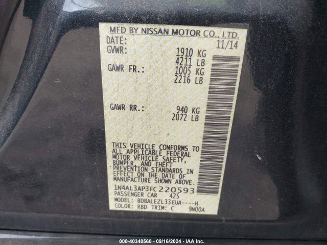 Nissan Altima 2.5 S 2015 1N4AL3AP3FC220593 Image 9