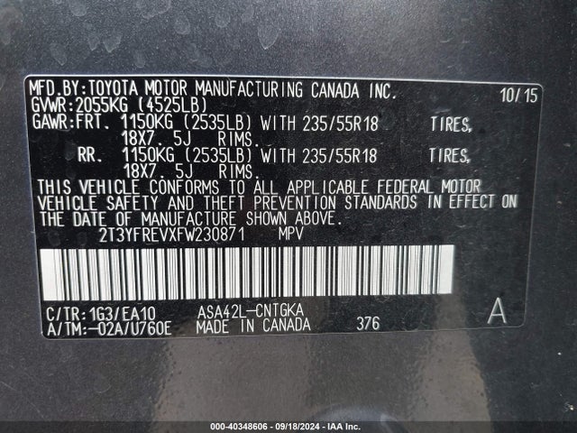Toyota Rav4 Limited 2015 2T3YFREVXFW230871 Image 9