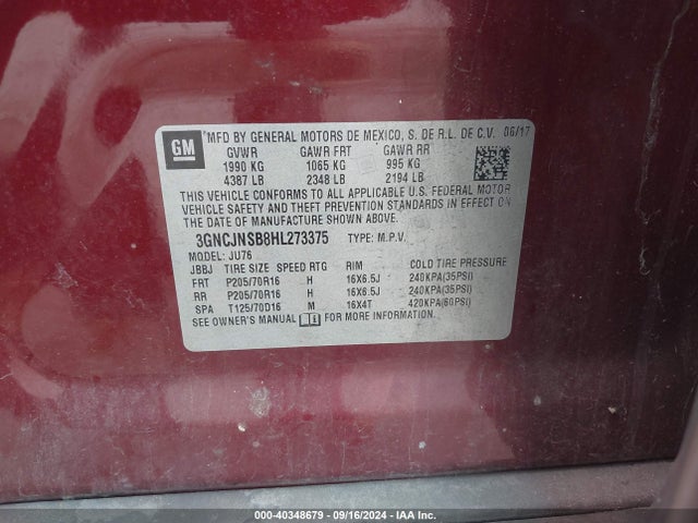 Chevrolet TRAX LS 2017 3GNCJNSB8HL273375 Image 9
