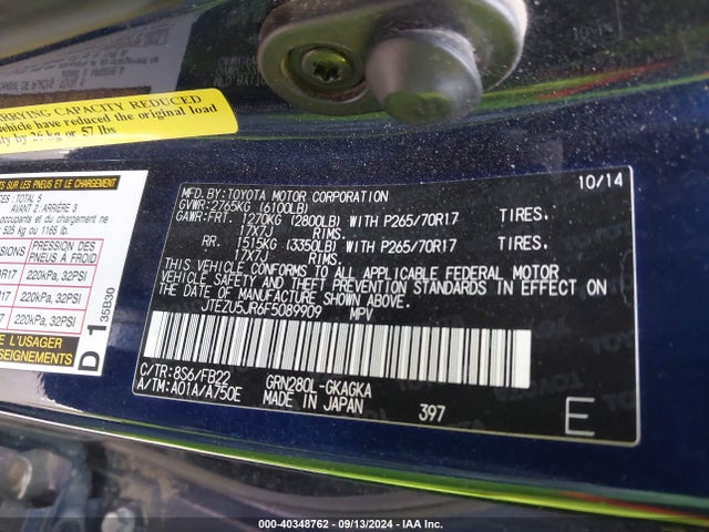 Toyota 4RUNNER SR5 2015 JTEZU5JR6F5089909 Image 9