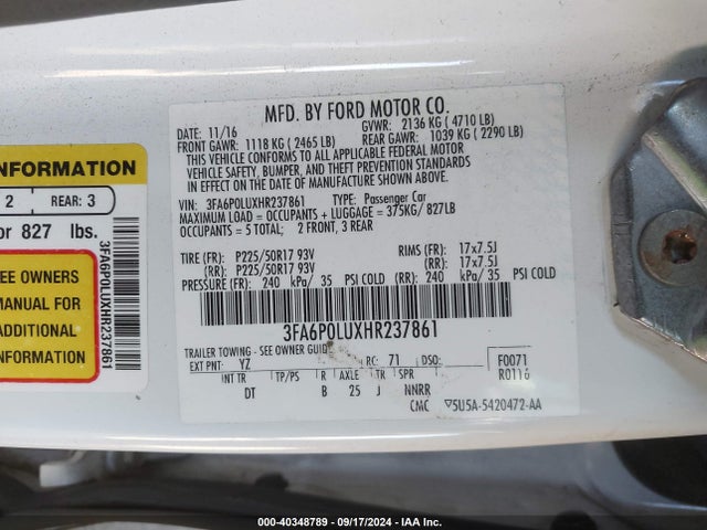 Ford Fusion Hybrid Se 2017 3FA6P0LUXHR237861 Image 9