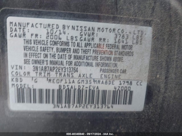 Продаж на аукціоні авто 2014 Nissan Sentra Sv, vin: 3N1AB7AP2EY313764, номер лоту: 40348840