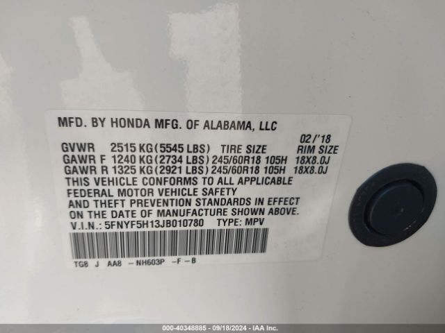 5FNYF5H13JB010780 Honda PILOT LX