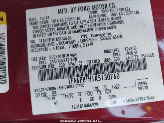 1FA6P8TH1K5130760 Ford Mustang Ecoboost Premium