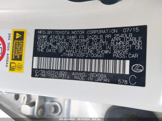JTHBW1GG5F2100641 Lexus ES 300H