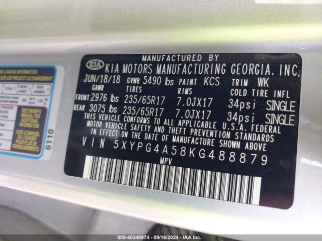 5XYPG4A58KG488879 KIA Sorento 3.3l Lx