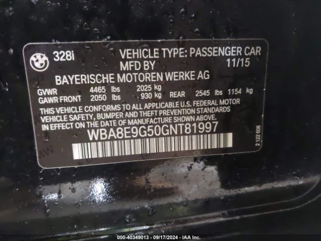 WBA8E9G50GNT81997 BMW 328I