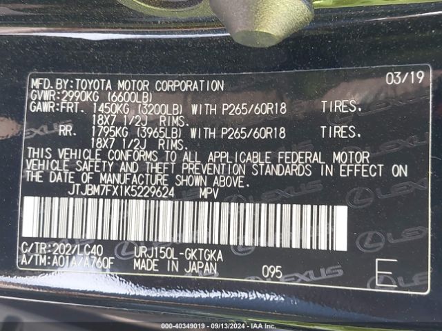JTJBM7FX1K5229624 Lexus 460 Premium