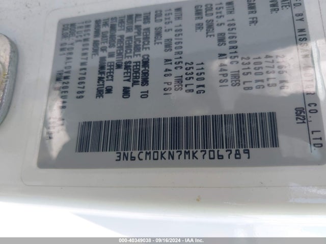 3N6CM0KN7MK706789 Nissan Nv200 Compact Cargo S Xtronic Cvt