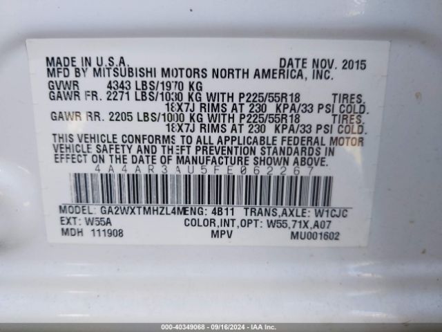 4A4AR3AU5FE062267 Mitsubishi Outlander Sport Es