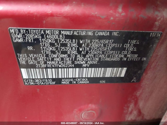 Toyota RAV4 LE 2015 2T3BFREV7FW262344 Image 9