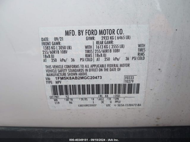 1FM5K8AB2MGC20473 Ford Police Interceptor Utility
