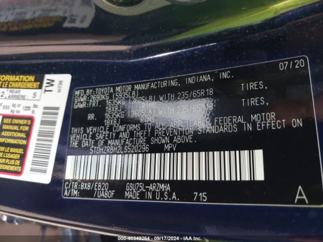 5TDHZRBH2LS520296 Toyota Highlander Xle