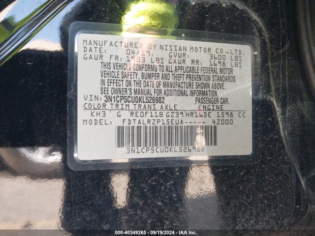 Nissan KICKS S 2019 3N1CP5CU0KL526982 Image 9