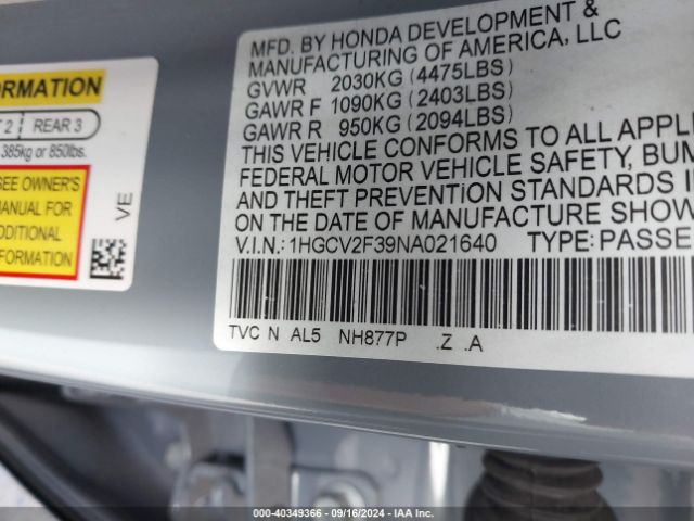 1HGCV2F39NA021640 Honda Accord Sport 2.0t