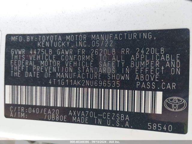 Toyota CAMRY SE 2022 4T1G11AK2NU696535 Image 9