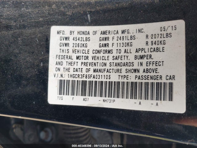 Honda Accord Ex-l V-6 2015 1HGCR3F85FA031105 Image 9