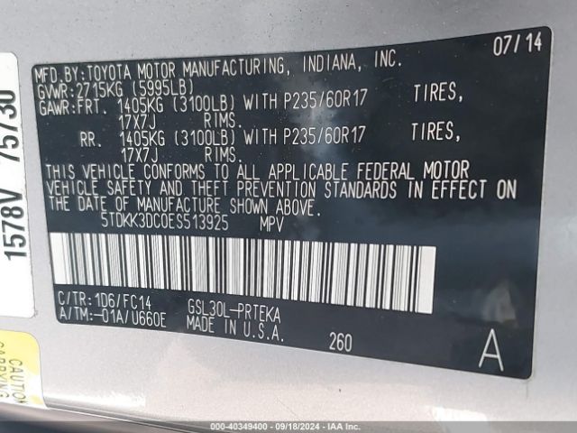 5TDKK3DC0ES513925 Toyota Sienna Le V6 8 Passenger