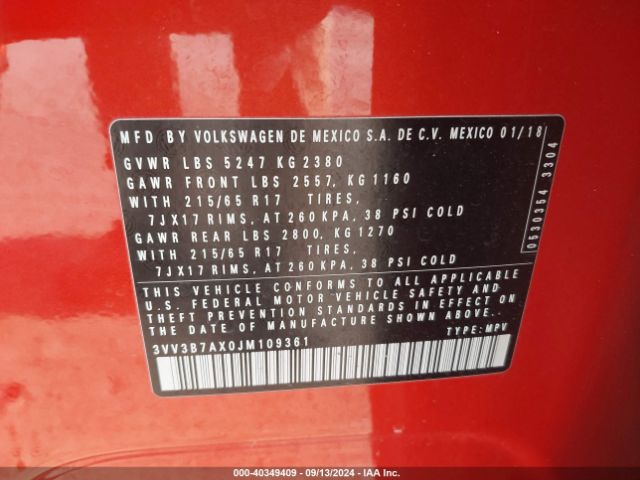 3VV3B7AX0JM109361 Volkswagen Tiguan 2.0t Se/2.0t Sel
