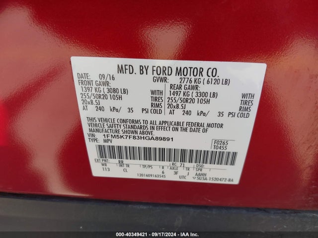 Ford Explorer Limited 2017 1FM5K7F83HGA89891 Image 9