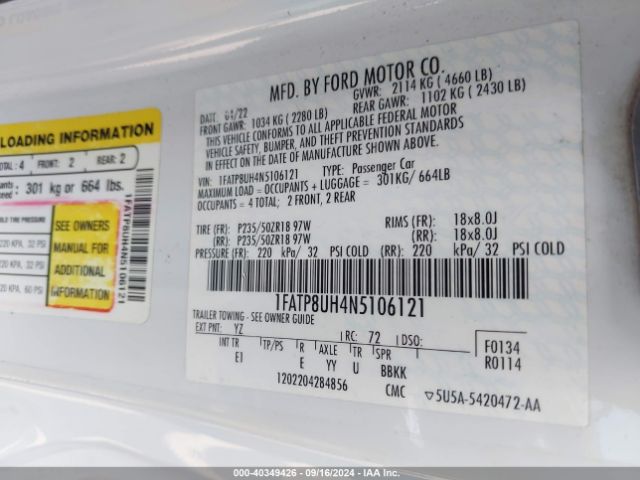 1FATP8UH4N5106121 Ford Mustang Ecoboost Premium