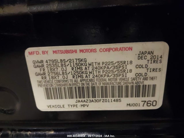 2015 MITSUBISHI OUTLANDER JA4AZ3A30FZ011485 Photo 8