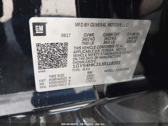 1GYS4HKJ3JR118391 Cadillac Escalade Esv Luxury