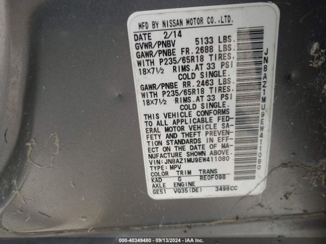 JN8AZ1MU9EW411080 Nissan Murano Le/s/sl/sv