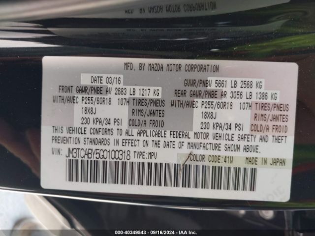 JM3TCABY5G0100318 Mazda CX-9 SPORT