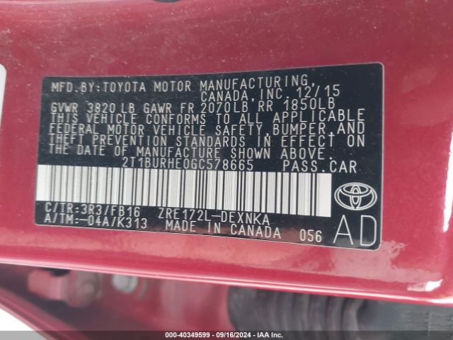 2T1BURHE0GC578665 Toyota COROLLA LE