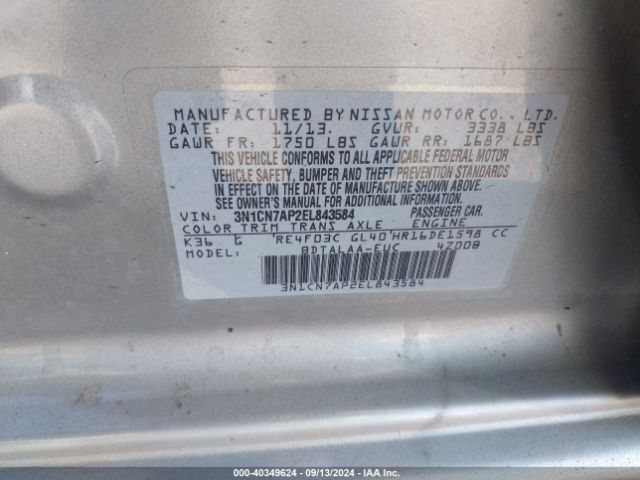 3N1CN7AP2EL843584 Nissan Versa 1.6 S