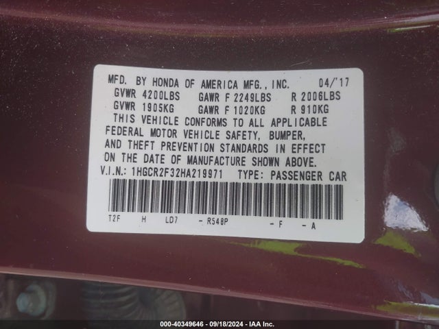 Honda ACCORD LX 2017 1HGCR2F32HA219971 Image 9