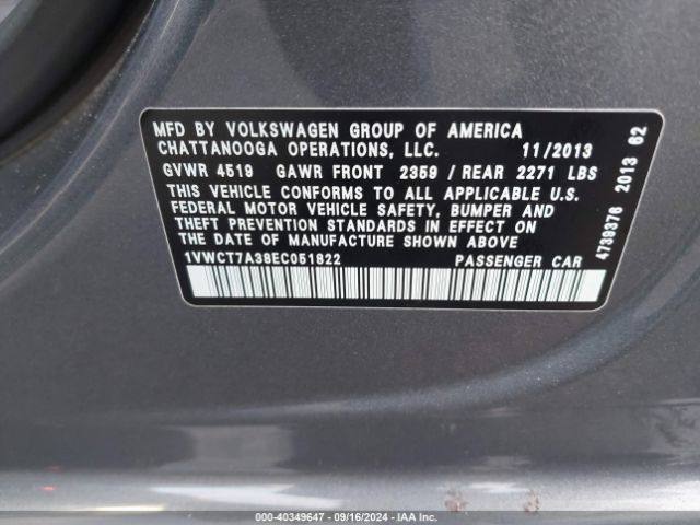 1VWCT7A38EC051822 Volkswagen Passat 1.8t Sel Premium