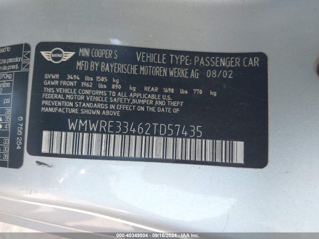 2002 MINI COOPER S WMWRE33462TD57435 Photo 8