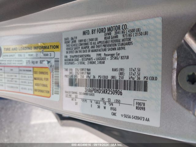 3FA6P0HD5KR250906 Ford FUSION SE