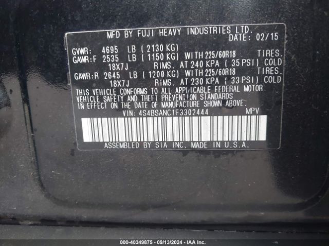 4S4BSANC1F3302444 Subaru Outback 2.5i Limited