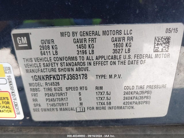 Chevrolet Traverse Ls 2015 1GNKRFKD7FJ363178 Image 9