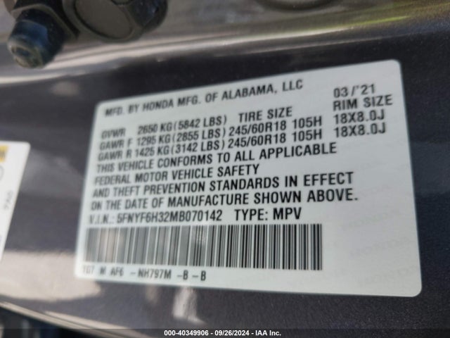 Honda Pilot Awd Ex 2021 5FNYF6H32MB070142 Image 9