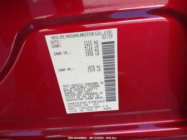 1N4BZ1CP1KC310162 Nissan Leaf Sv Plus