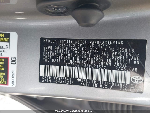 Toyota Corolla Le Plus 2014 5YFBURHE9EP061572 Image 9