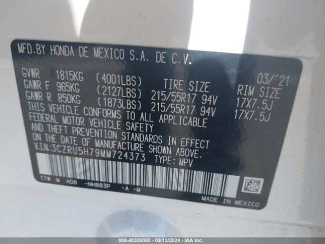 3CZRU5H79MM724373 Honda Hr-v 2wd Ex-l